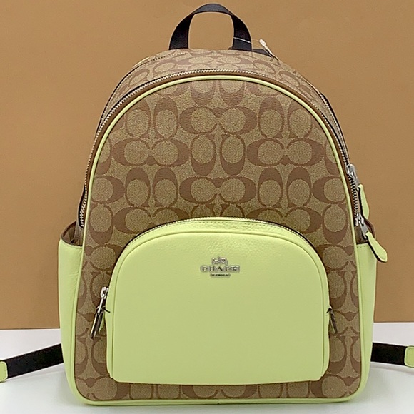 COACH NWT COURT BACKPACK IN SIGNATURE CANVAS KHAKI PALE LIME COLOR - Picture 2 of 16